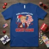 Trump T-Shirt with "make valentine's day GREAT AGAIN" text and patriotic heart balloons