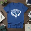 Make A Difference Every Day quote on a blue t-shirt with a graphic of hands holding a growing plant with