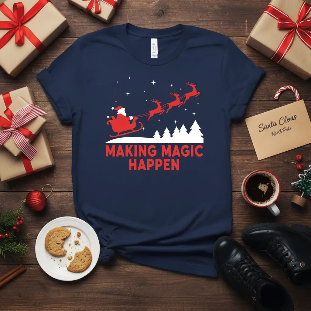 MAKING MAGIC HAPPEN Christmas T-Shirt featuring Santa Claus and reindeer graphic with festive snow and stars