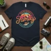 MAKING MEMORIES Family VACATION TOGETHER text with mountains, hot air balloons, and a camper van graphic on a navy t-shirt