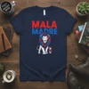 Navy t-shirt with "Mala Madre" in red and blue text above a graphic of a lion and cub, both with