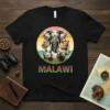 Malawi African Animals T-Shirt featuring an elephant, lion, leopard, rhino, and buffalo within a circle, with "MALAWI" text below