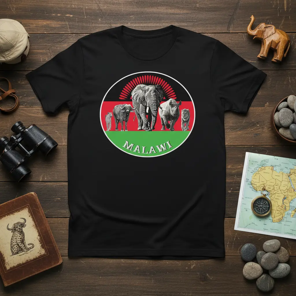 Malawi African Wildlife T-Shirt showcasing iconic animals like elephants and rhinos against the Malawi flag