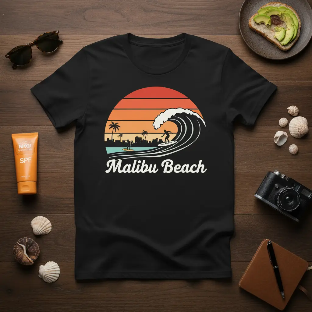 Malibu Beach retro surf graphic with crashing wave, palm trees, and sunset on a black t-shirt