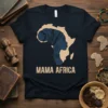Mama Africa t-shirt design featuring a silhouette of a woman wearing a headwrap overlaid on the map of Africa