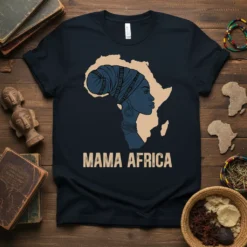 Mama Africa t-shirt design featuring a silhouette of a woman wearing a headwrap overlaid on the map of Africa