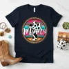 Mama cactus t-shirt design with cow print, leopard trim, and colorful striped background