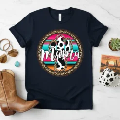 Mama cactus t-shirt design with cow print, leopard trim, and colorful striped background