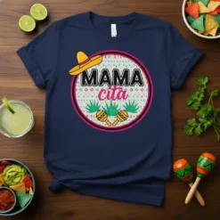 Mama Cita text with sombrero and maracas graphic on a navy blue t-shirt, celebrating Mexican culture