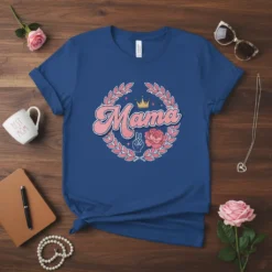 Blue t-shirt with "Mama" text, crown, peace sign, and pink flower inside a laurel wreath design