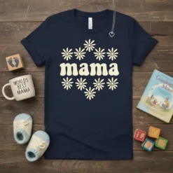 Navy blue t-shirt with the word "mama" in cream retro font, surrounded by cream daisy graphics