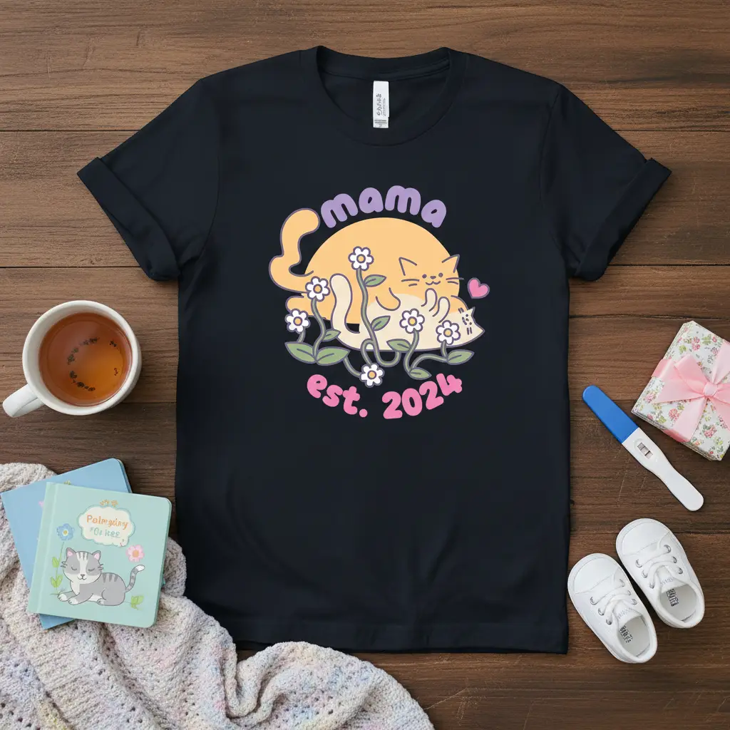 Mama Est. 2024 Cute Cat Pregnancy Announcement T-Shirt