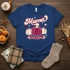 Navy t-shirt with "Mama Fall vibes" text, pumpkins, and autumn leaves graphic