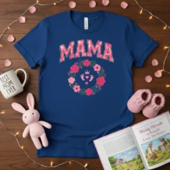 Mama t-shirt with pink floral wreath, baby footprints, and crown design