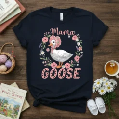 Mama Goose T-Shirt with a cute duckling in a floral wreath, featuring pink and white flowers and text