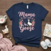 Mama Goose EST. 2025 t-shirt with a mother goose leading two goslings, surrounded by pink roses and greenery