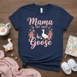 Mama Goose EST. 2025 t-shirt with a mother goose leading two goslings, surrounded by pink roses and greenery