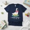 Mama Goose T-Shirt design with a white goose wearing a pink bow and three yellow ducklings in a nest