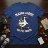 Mama Goose On The Loose t-shirt design featuring a cartoon goose with sunglasses and a bandana, carrying a bag of