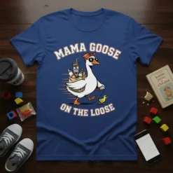 Mama Goose On The Loose t-shirt design featuring a cartoon goose with sunglasses and a bandana, carrying a bag of