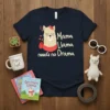 Mama Llama needs no Drama text with a cute llama illustration on a navy t-shirt