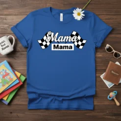 Mama Mama text with checkered flags on a blue t-shirt, graphic design for racing moms