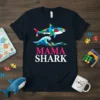 Mama Shark T-Shirt design with colorful geometric shark, wave, and autism puzzle pieces
