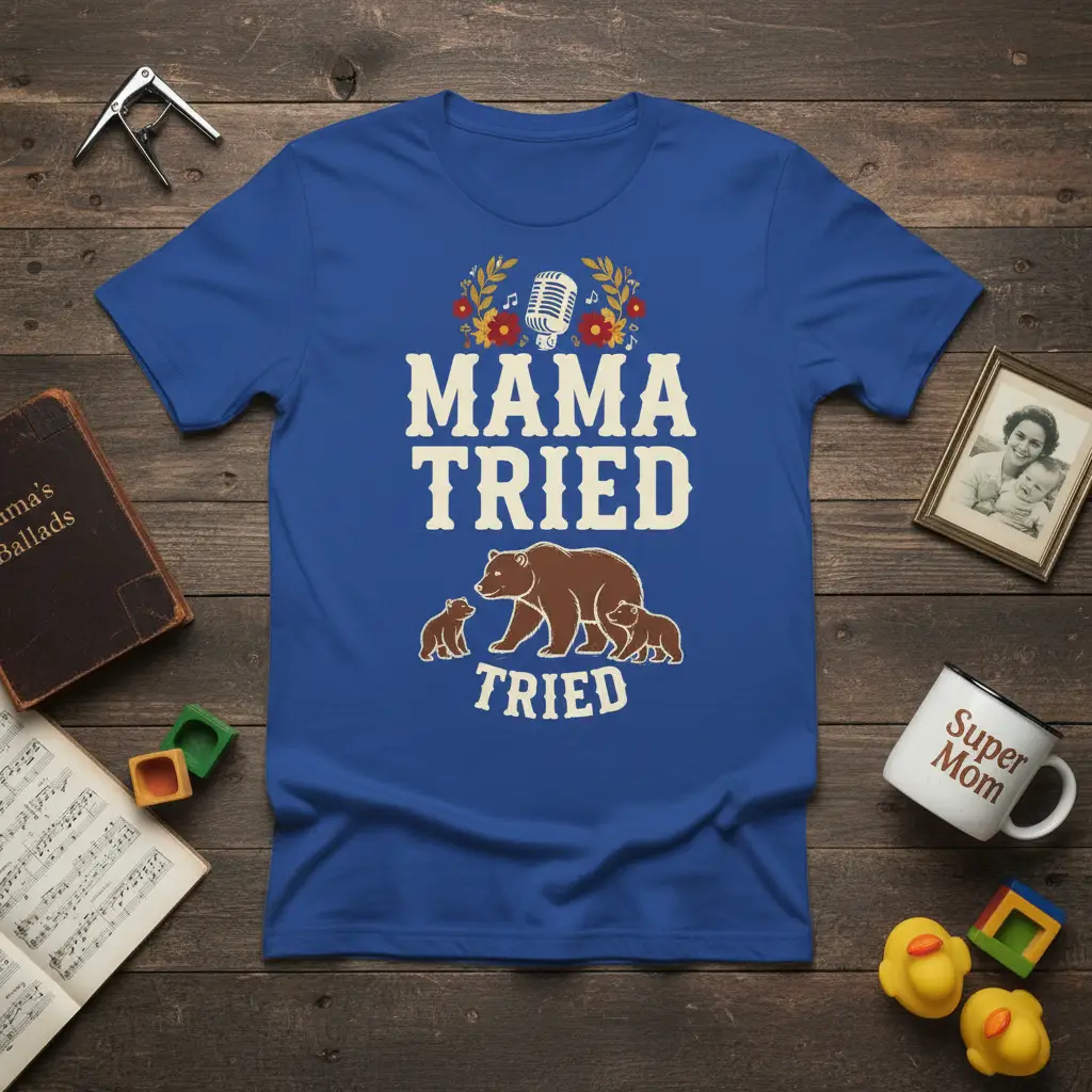 Mama Tried Tried quote with bear family illustration on blue t-shirt, perfect for moms