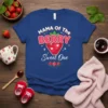 Mama of The Berry Sweet One text with a large strawberry graphic and smaller strawberries below, on a blue t-shirt