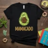 Mamacado t-shirt design with a cute avocado character and the word Mamacado in yellow text