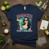 Mamacita Needs A Margarita text with a stylish woman holding a margarita glass graphic on a navy blue t-shirt