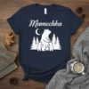 Mamochka t-shirt design with a mama bear and two cubs in a forest setting under a crescent moon