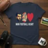 Man Football Heart graphic tee with a bearded man's portrait, a football, and a red heart
