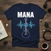 Navy blue t-shirt featuring the word MANA in white block letters above an acoustic guitar integrated into a blue heartbeat