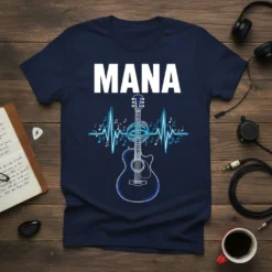Navy blue t-shirt featuring the word MANA in white block letters above an acoustic guitar integrated into a blue heartbeat