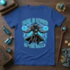 Blue t-shirt with text "Mana Is Stored In The Balls" featuring a wizard character holding glowing blue orbs