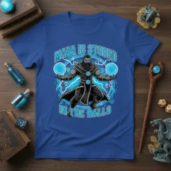 Blue t-shirt with text "Mana Is Stored In The Balls" featuring a wizard character holding glowing blue orbs