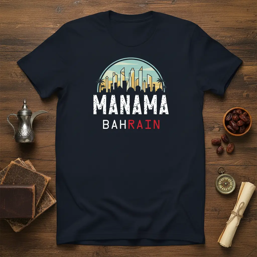 Manama Bahrain text with modern cityscape skyline and palm trees graphic on a navy t-shirt