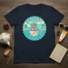 Manatea t-shirt design featuring a cute manatee sipping tea in a teacup with a tropical beach background