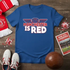Blue t-shirt with "MANCHESTER IS RED" text and a winged football graphic in red and white, perfect for football fans
