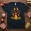 Maneki Neko Lucky Cat T-Shirt with Japanese characters "招き猫" in yellow and red on a navy shirt