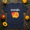 Navy t-shirt with white text "mango." and a graphic of a whole and sliced mango