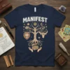 Manifest Tree of Life T-Shirt with lion, bull, brain, and treasure chest graphics, featuring cosmic and zodiac symbols