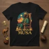 Mansa Musa T-Shirt design featuring the king in regal attire sitting on a throne, with bags of gold and historical