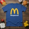 Blue t-shirt with yellow "M" logo and white "Maqdonald" text, inspired by fast food branding