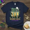 Mardi Gras Cat Parade t-shirt design with black cats, beads, and a building facade