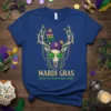 Mardi Gras Laissez les bons temps rouler t-shirt with a stag wearing beads, masks, and a cap