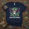 Mardi Gras Madness t-shirt design featuring a French Bulldog with wings and a mask, holding a scepter