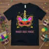 Mardi Gras Magic t-shirt with a unicorn wearing a carnival mask and confetti