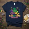 Mardi Gras Mode On t-shirt design with colorful masks and festive elements